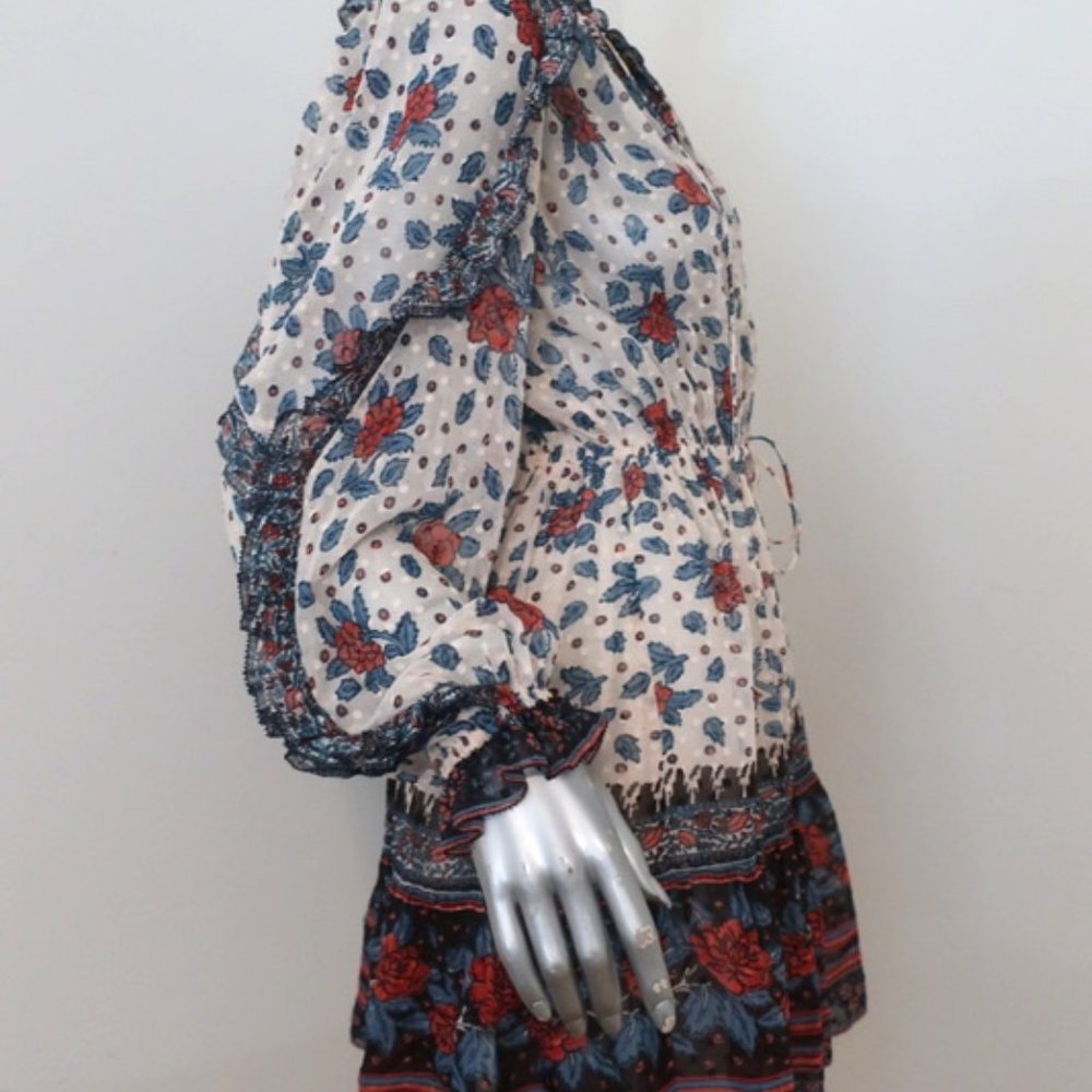 ULLA JOHNSON DRESS DANI CREAM/RED RUFFLED FLORAL CHIFFON SIZE 2 LONG SLEEVE MINI - Picture 3 of 8